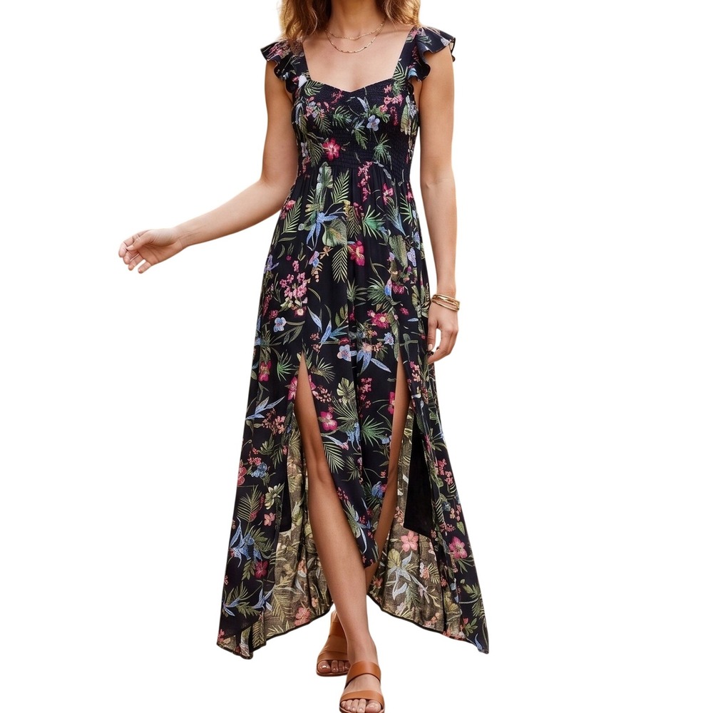 Raviva Floral Maxi Dress Size S Black Tropical Smocked Ruffle Boho Summer Resort